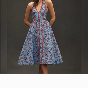 Anthropologie Blue Floral Halter Midi Dress